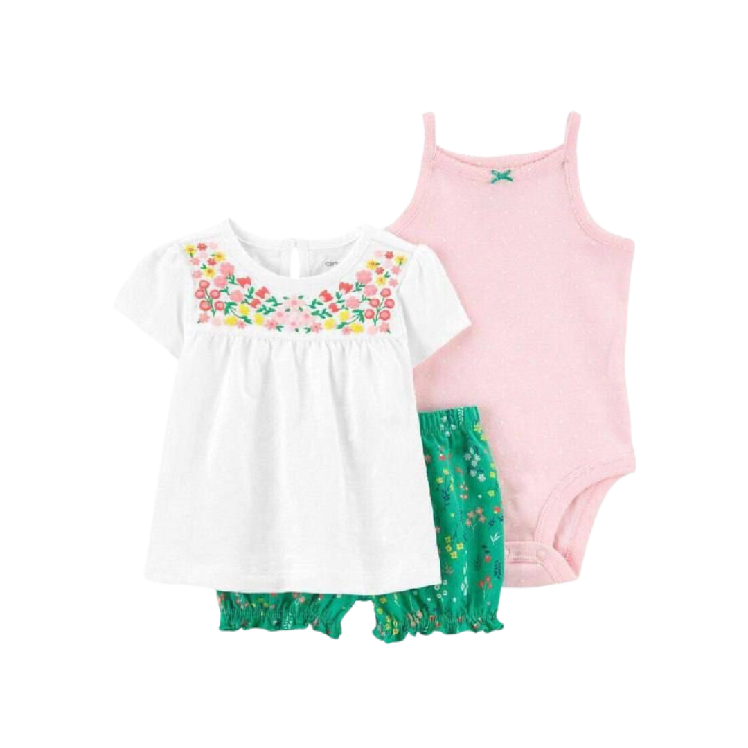 Conjunto 3 Peças Short Flores Verde Carter's