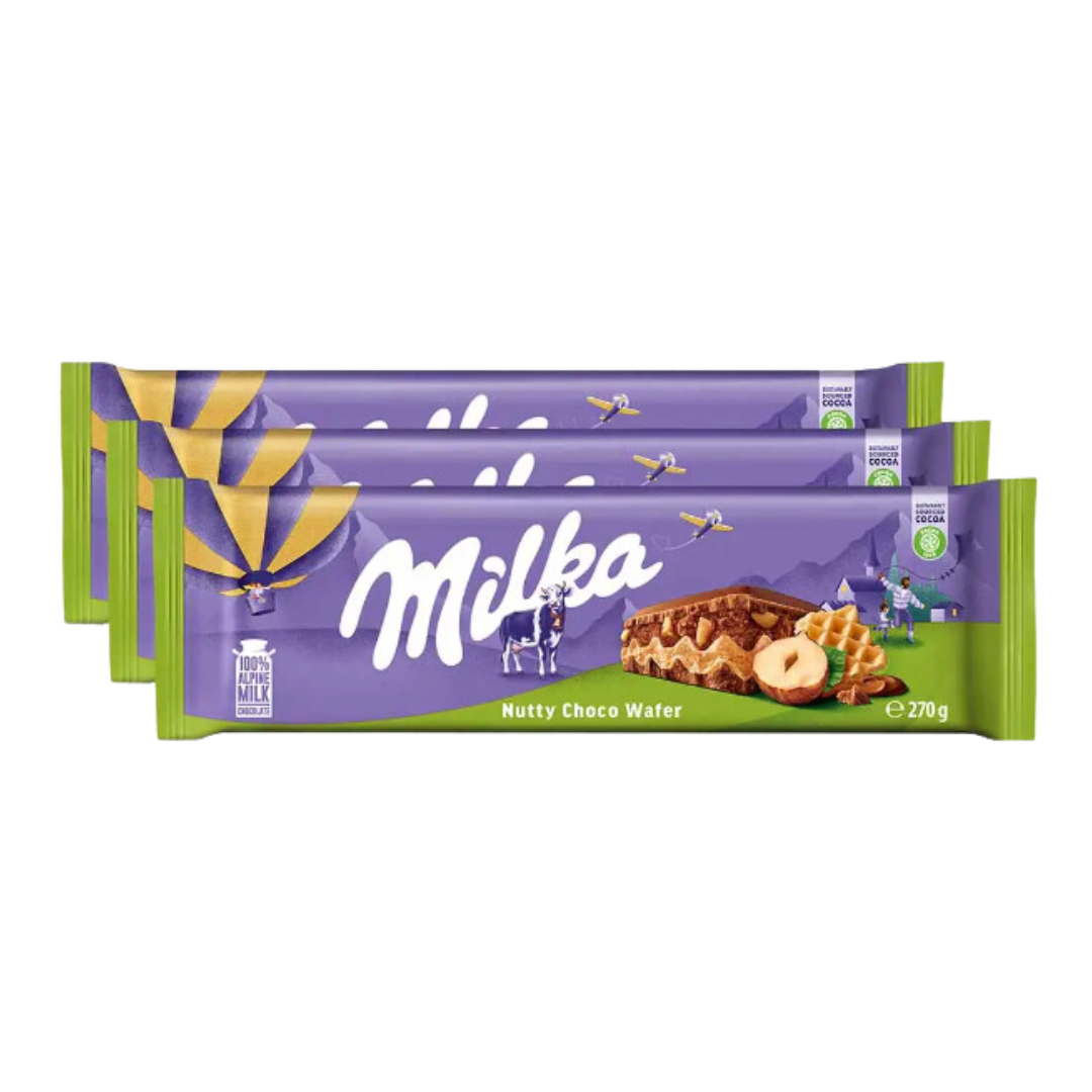 Barra de chocolate Milka - Grãos de avelã e biscoito wafer